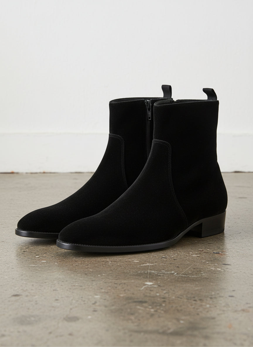 Handmade Men Black Suede Ankle dress boots, Men black side zip ankle boot - angle-view-showing-depth