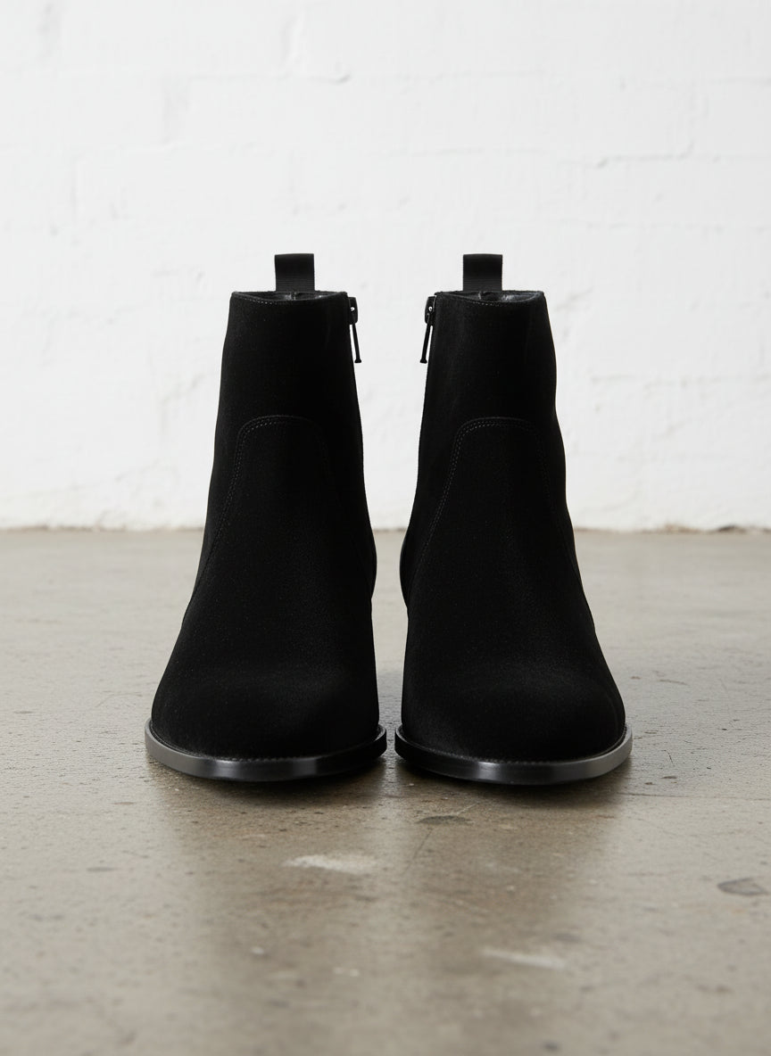 Handmade Men Black Suede Ankle dress boots, Men black side zip ankle boot - front-view