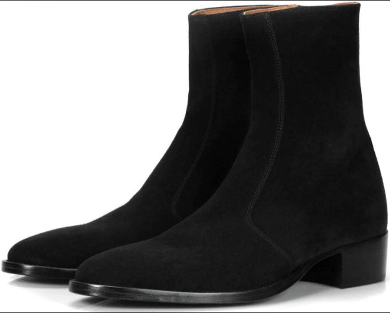 Handmade Men Black Suede Leather Zipper Boots, Men Biker Zipper Boots