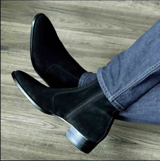 Handmade Men Black Suede Leather Zipper Boots, Men Biker Zipper Boots