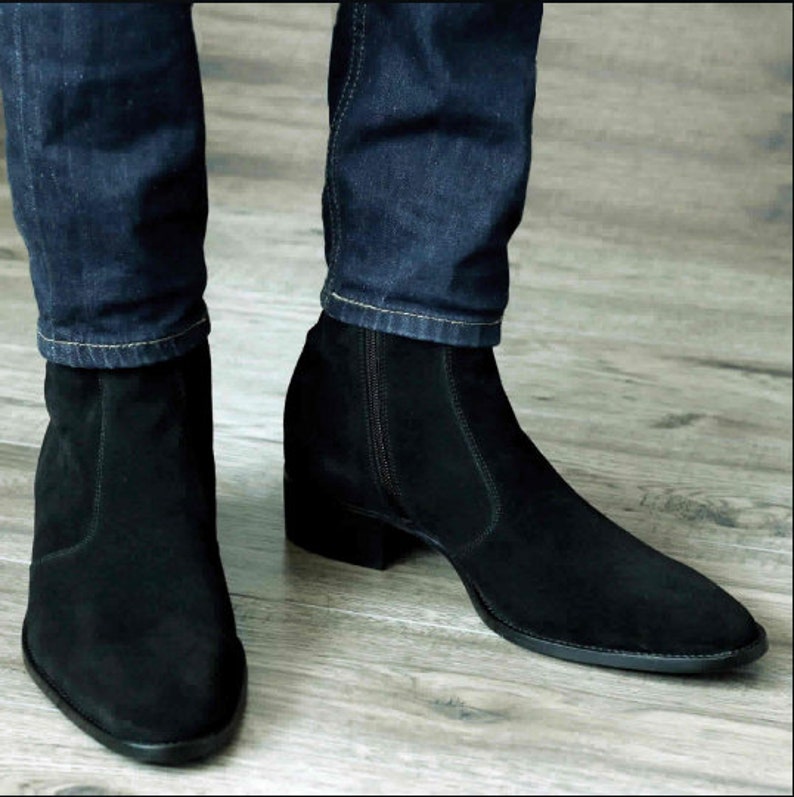 Handmade Men Black Suede Leather Zipper Boots, Men Biker Zipper Boots