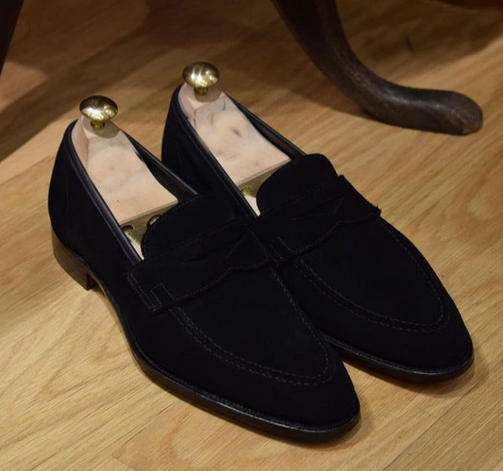 Handmade Men black suede Penny Loafer shoes, Men black suede driving shoes