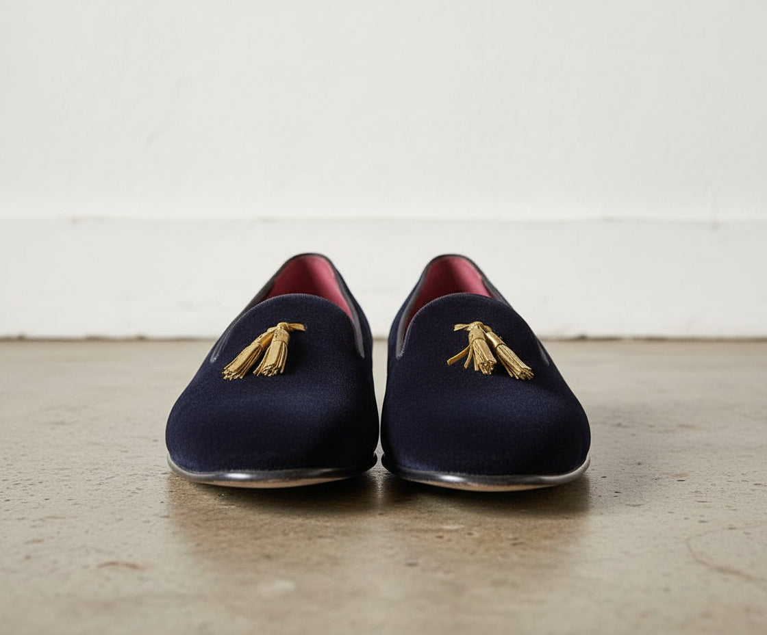 Handmade Men Black Velvet Tassels Shoes, Velvet Loafer Shoes Moccasins