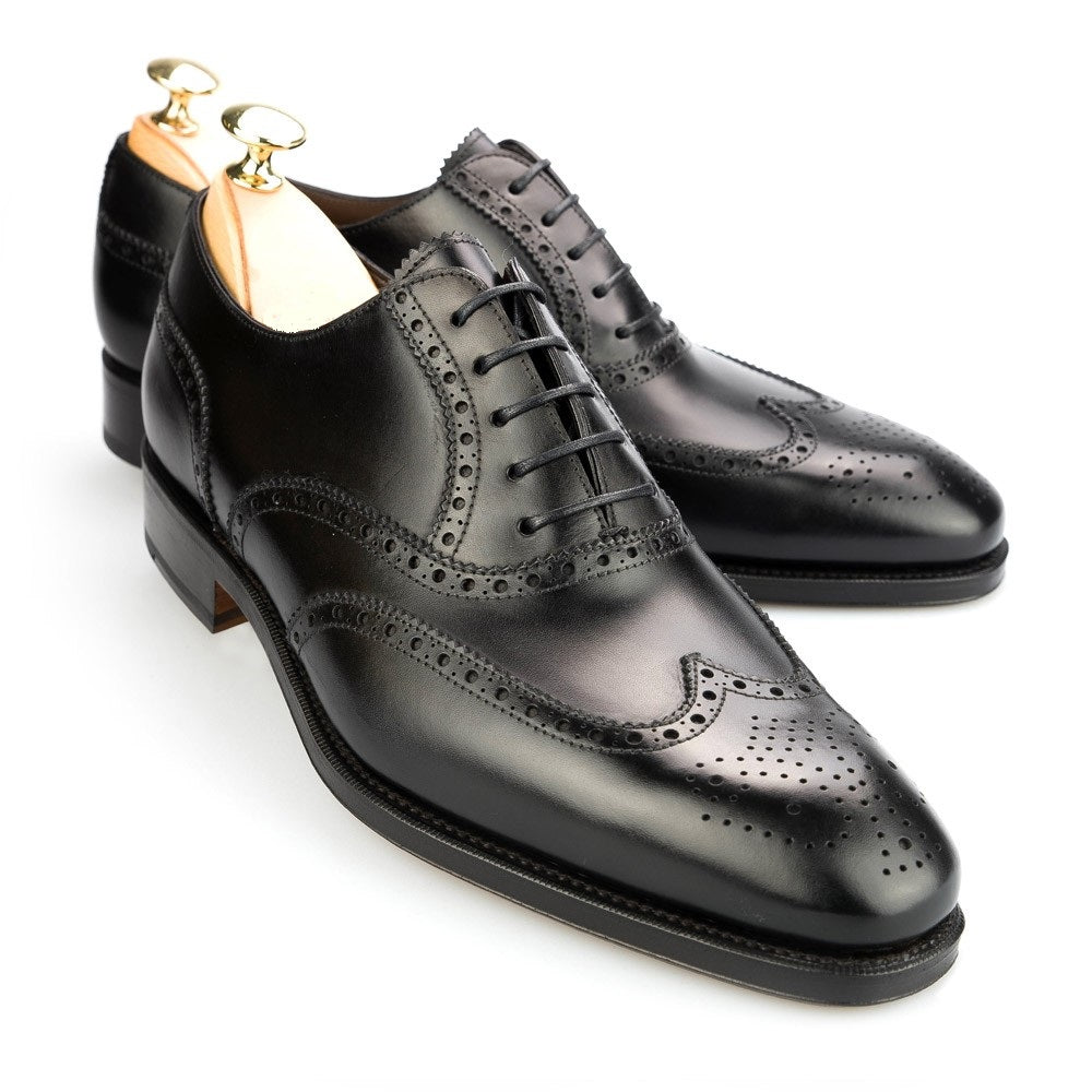 Handmade Men Black wing tip brogue dress shoes, Men leather office shoes