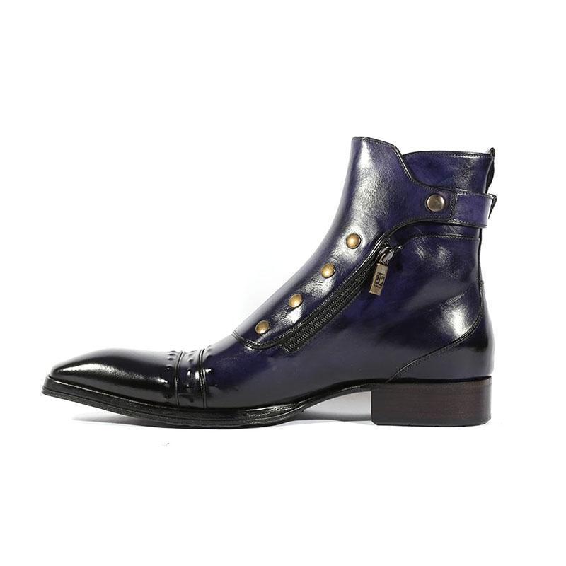 Handmade Men Blue Side Button Side Zipper High Ankle Strap Leather Boots