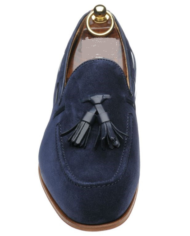 Handmade Men Blue Suede Slip on Shoes with Tassels, Casual Loafer Shoes