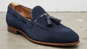 Handmade Men Blue Suede Slip on Shoes with Tassels, Casual Loafer Shoes - detail-view-showing-texture