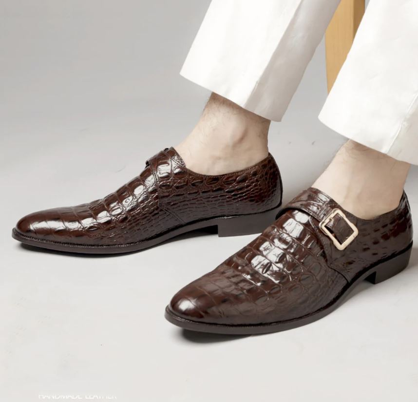 Handmade Men Brown Alligators Shoes, Men Brown Monk Shoes, Men Buckle Shoes