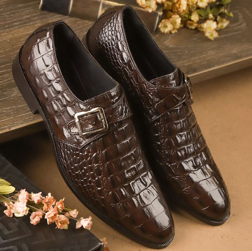 Handmade Men Brown Alligators Shoes, Men Brown Monk Shoes, Men Buckle Shoes