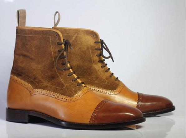 Handmade Men Brown Brogue Lace Up Ankle Dress Boots Real Leather Suede Boot