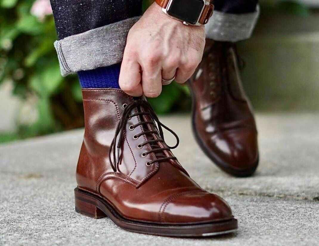 Handmade Men brown cap toe ankle boot, Men dress boots, Men ankle boot