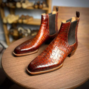 Handcrafted Men's Brown Chelsea Boots with Crocodile Pattern