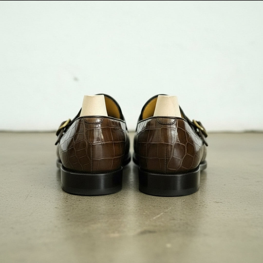 Handmade men brown crocodile shoes, men double monk dress shoe,formal shoes - back-view