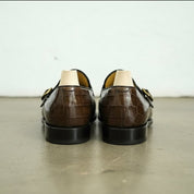 Handmade men brown crocodile shoes, men double monk dress shoe,formal shoes - back-view