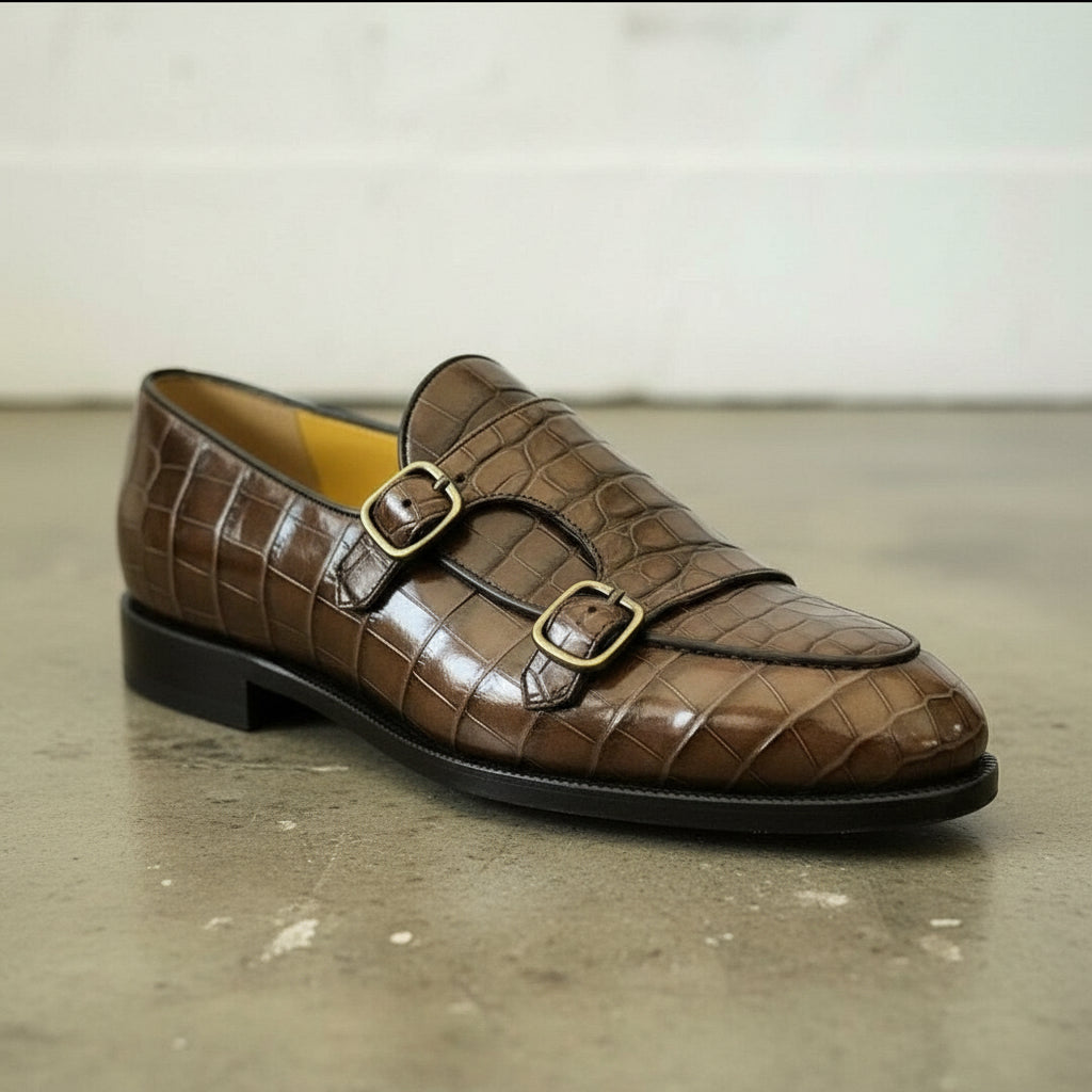 Handmade men brown crocodile shoes, men double monk dress shoe,formal shoes - detail-view-showing-texture