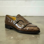 Handmade men brown crocodile shoes, men double monk dress shoe,formal shoes - detail-view-showing-texture