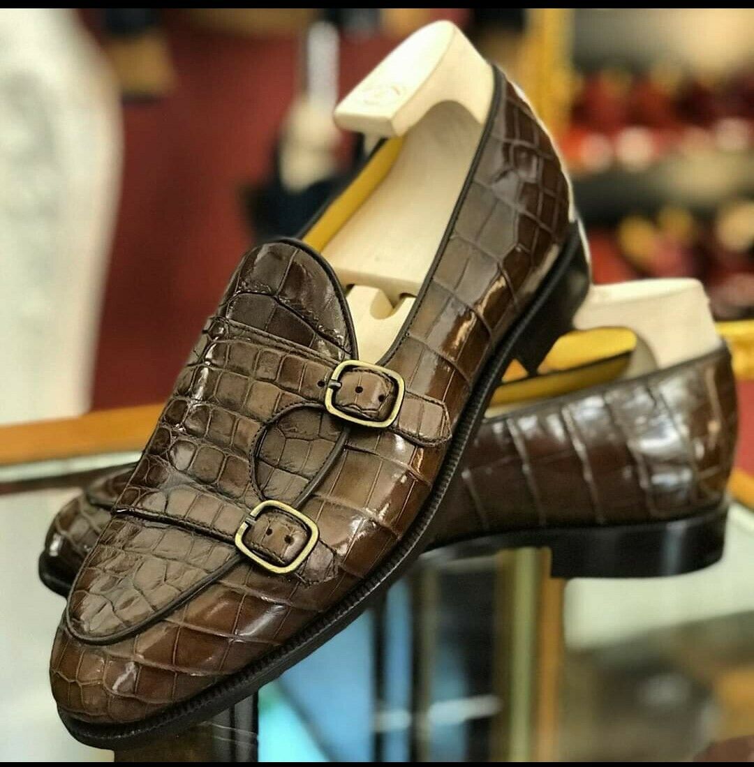 Handmade men brown crocodile shoes, men double monk dress shoe,formal shoes