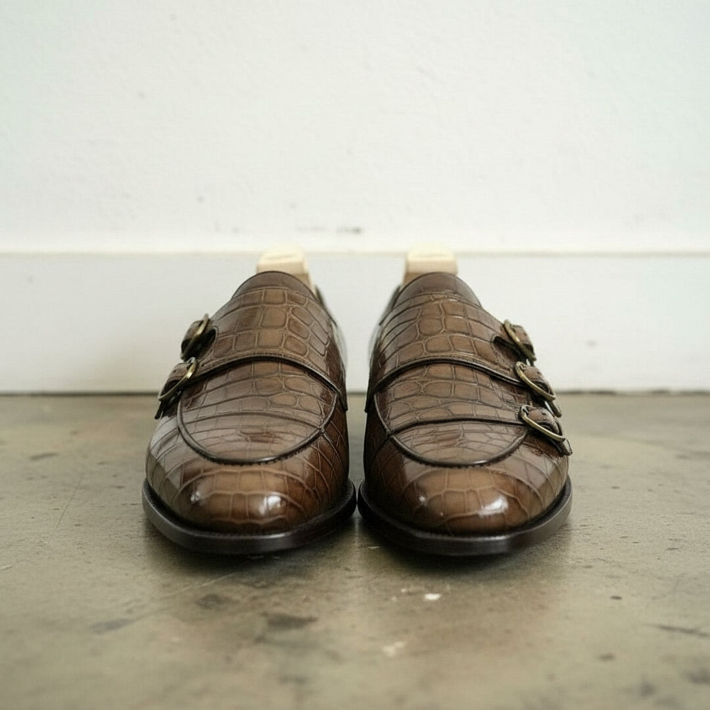 Handmade men brown crocodile shoes, men double monk dress shoe,formal shoes - front-view