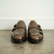 Handmade men brown crocodile shoes, men double monk dress shoe,formal shoes - front-view