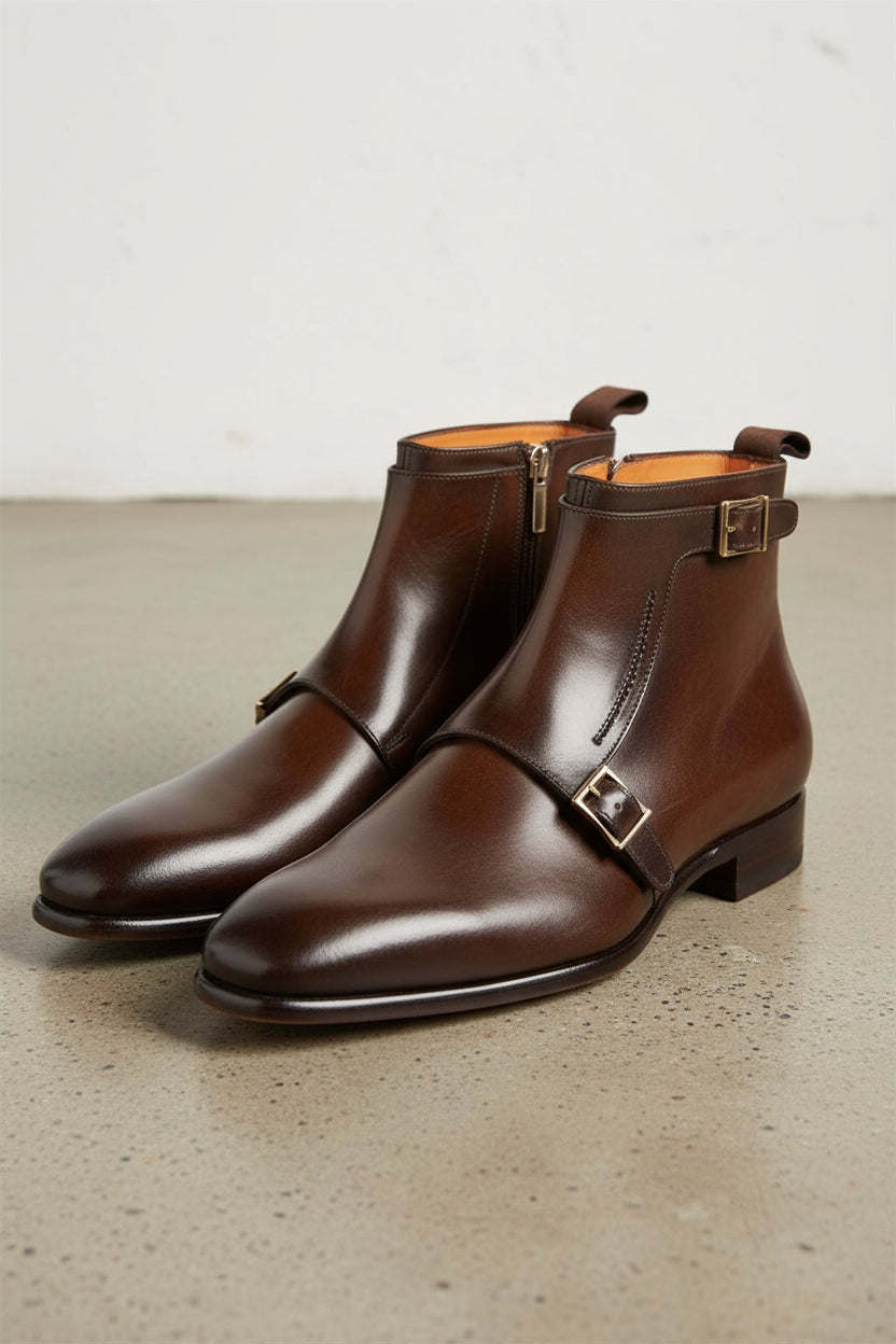 Handmade Men Brown Genuine Leather Ankle Boots, Side Zipper Ankle Boot - angle-view-showing-depth