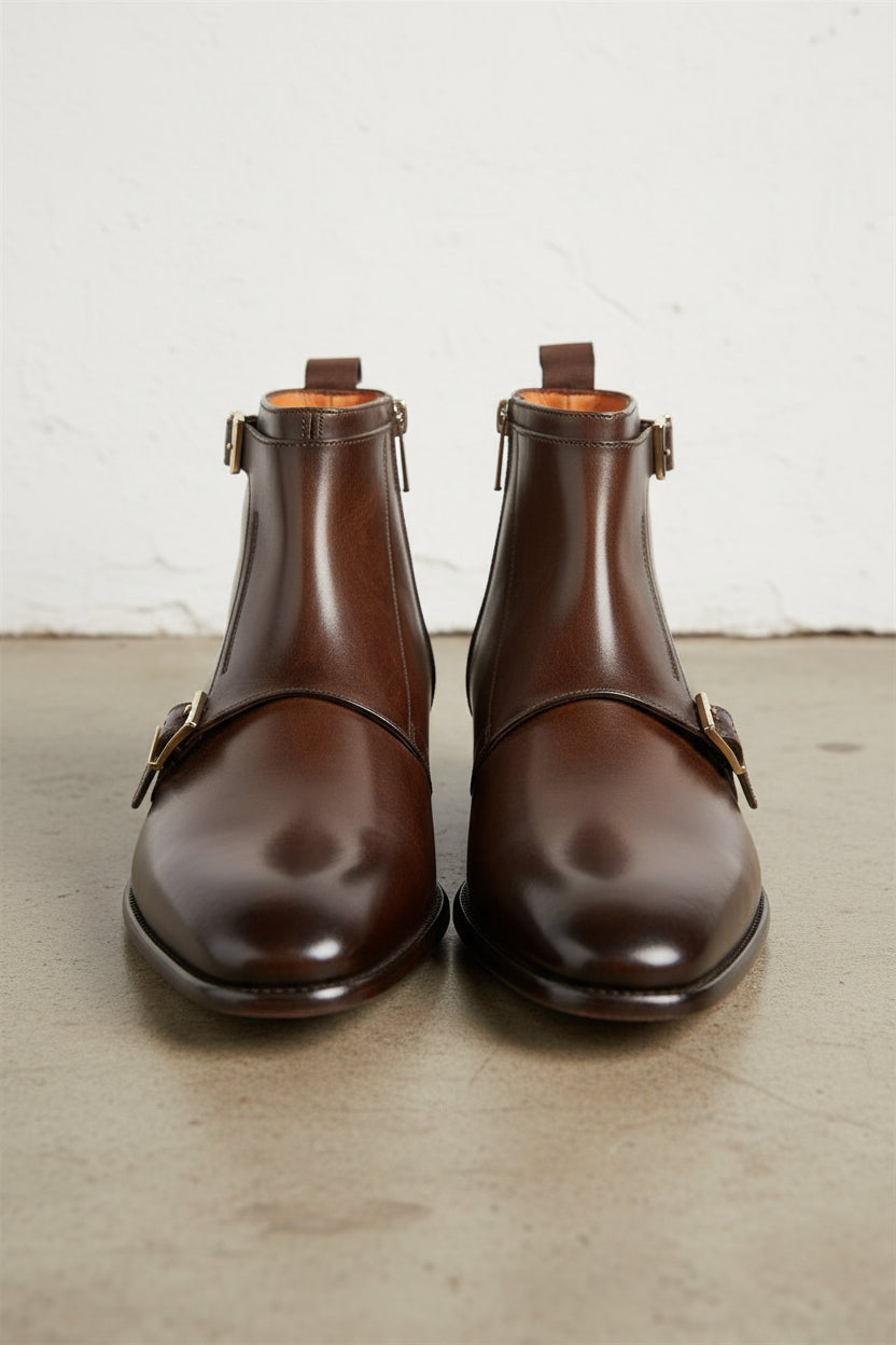 Handmade Men Brown Genuine Leather Ankle Boots, Side Zipper Ankle Boot - front-view