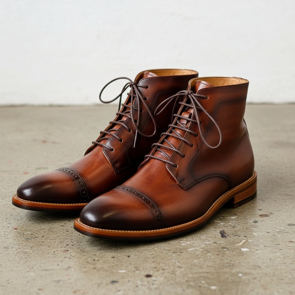 Handmade Men brown hand burnish Oxfords boot, brown lace up ankle boots