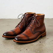 Handmade Men brown hand burnish Oxfords boot, brown lace up ankle boots