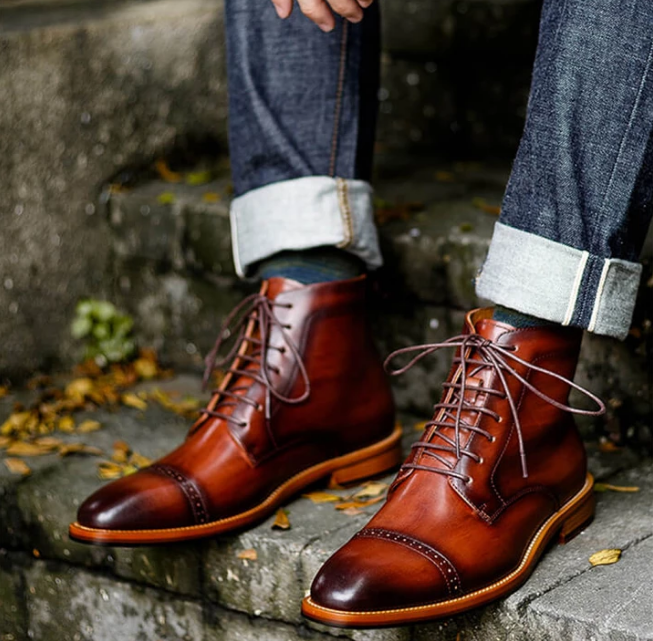 Handmade Men brown hand burnish Oxfords boot, brown lace up ankle boots