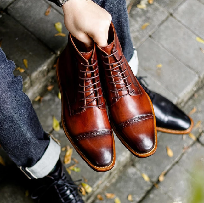 Handmade Men brown hand burnish Oxfords boot, brown lace up ankle boots