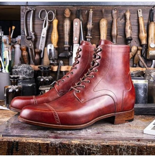 Handmade Men Brown Leather Ankle boots, Men brown Lace up dress boots