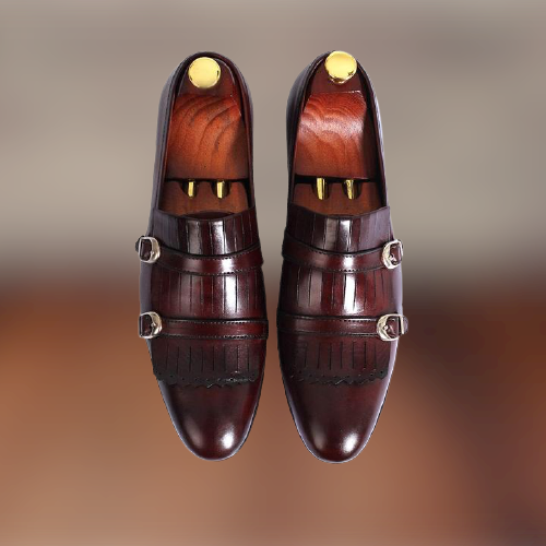 Handmade Men Brown Leather Double Monk Shoes with Fringes, Western Shoes