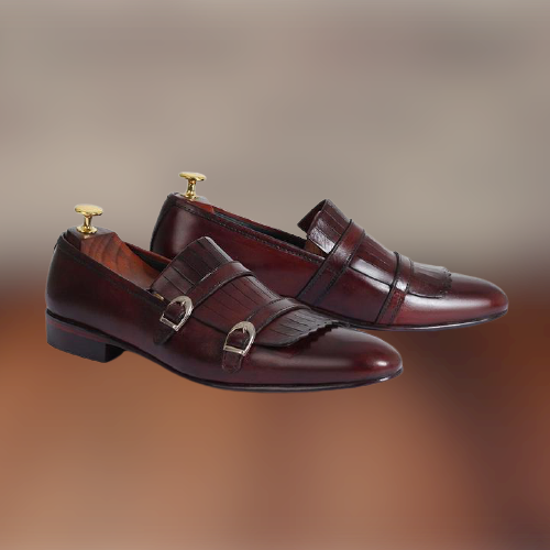 Handmade Men Brown Leather Double Monk Shoes with Fringes, Western Shoes