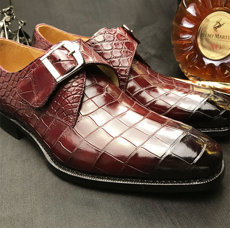 Handmade Men brown single monk alligators shoes, brown business dress shoes