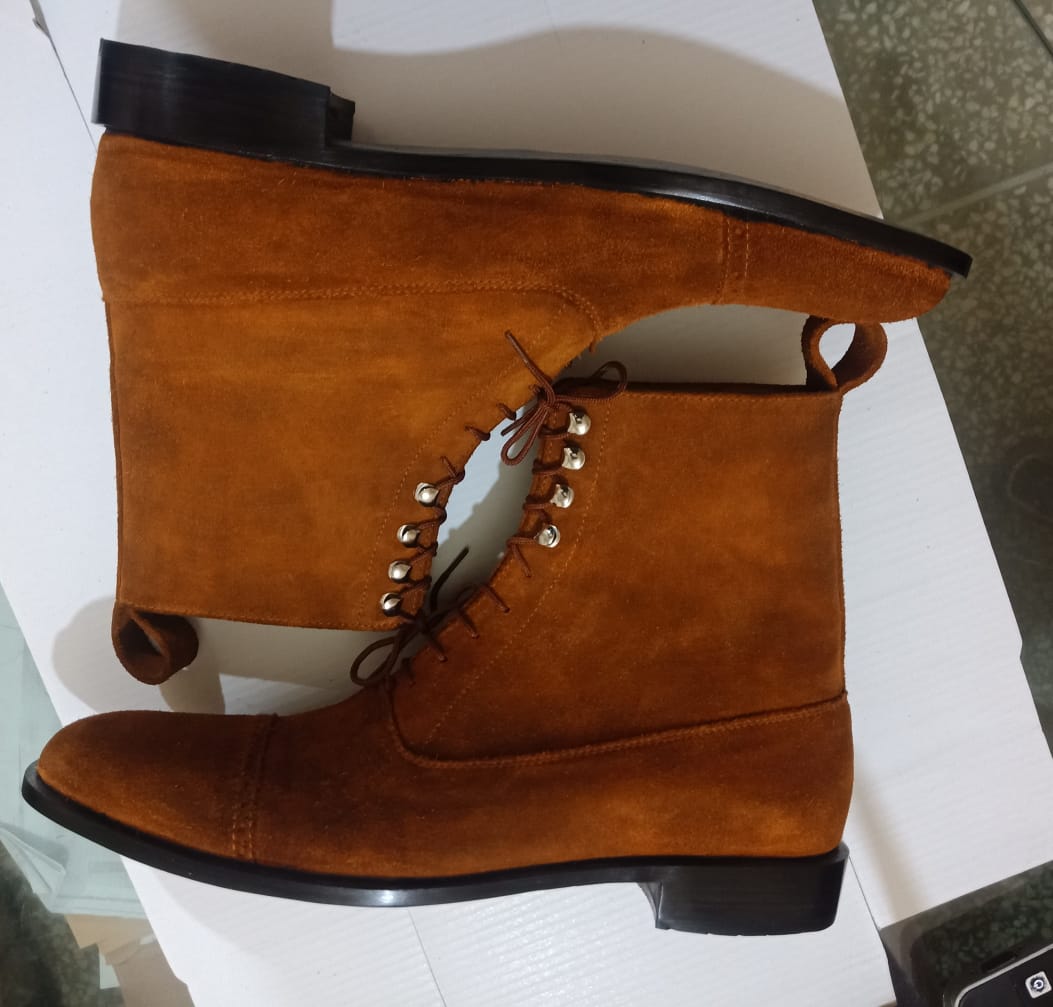 Handmade Men Brown Suede Leather Ankle Boots with lace up closure