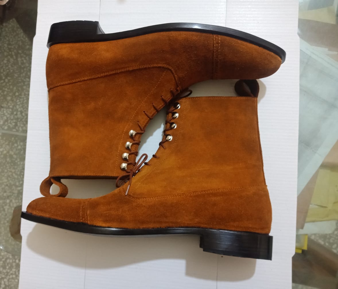 Handmade Men Brown Suede Leather Ankle Boots with lace up closure