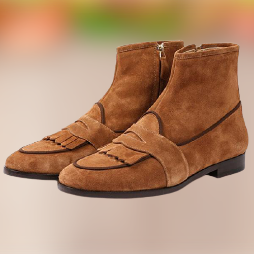 Handmade men Brown Suede Winter Ankle Boots with fringes and zip closure