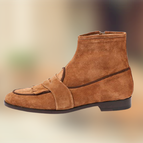 Handmade men Brown Suede Winter Ankle Boots with fringes and zip closure