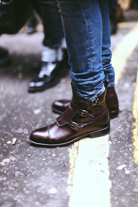 Handmade Men Brown Triple Monk Leather Casual Ankle High Boots, Boots