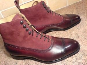 Handmade Men Cap Toe Boot, Burgundy Suede And Leather Boot, Mens Boots