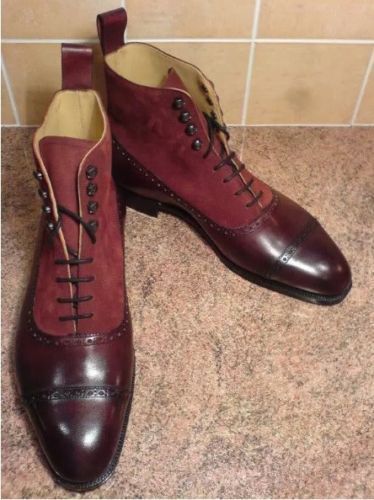 Handmade Men Cap Toe Boot, Burgundy Suede And Leather Boot, Mens Boots