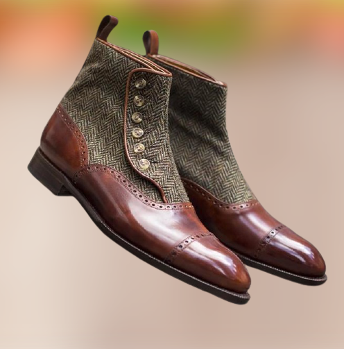 Handmade Men Cap toe tow tone button boots, Mens Brown tweed button boot