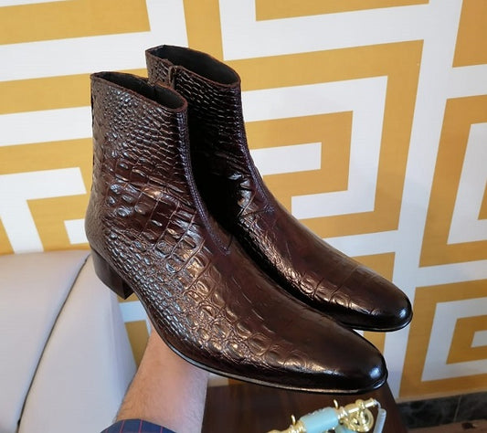 Handmade Men classic Alligators boots, Men brown side zipper crocodile boot