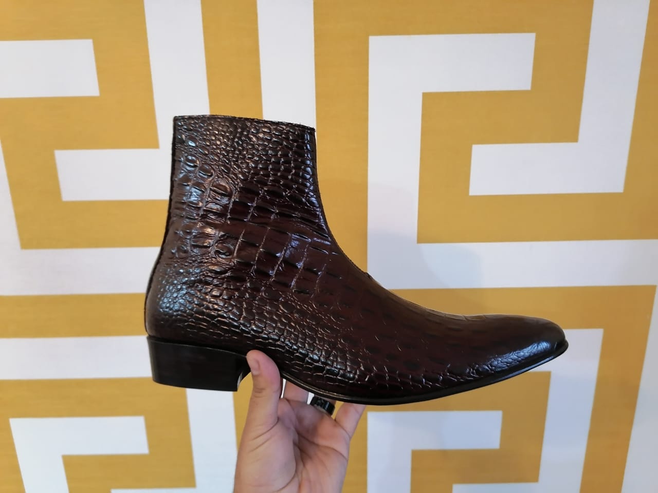 Handmade Men classic Alligators boots, Men brown side zipper crocodile boot