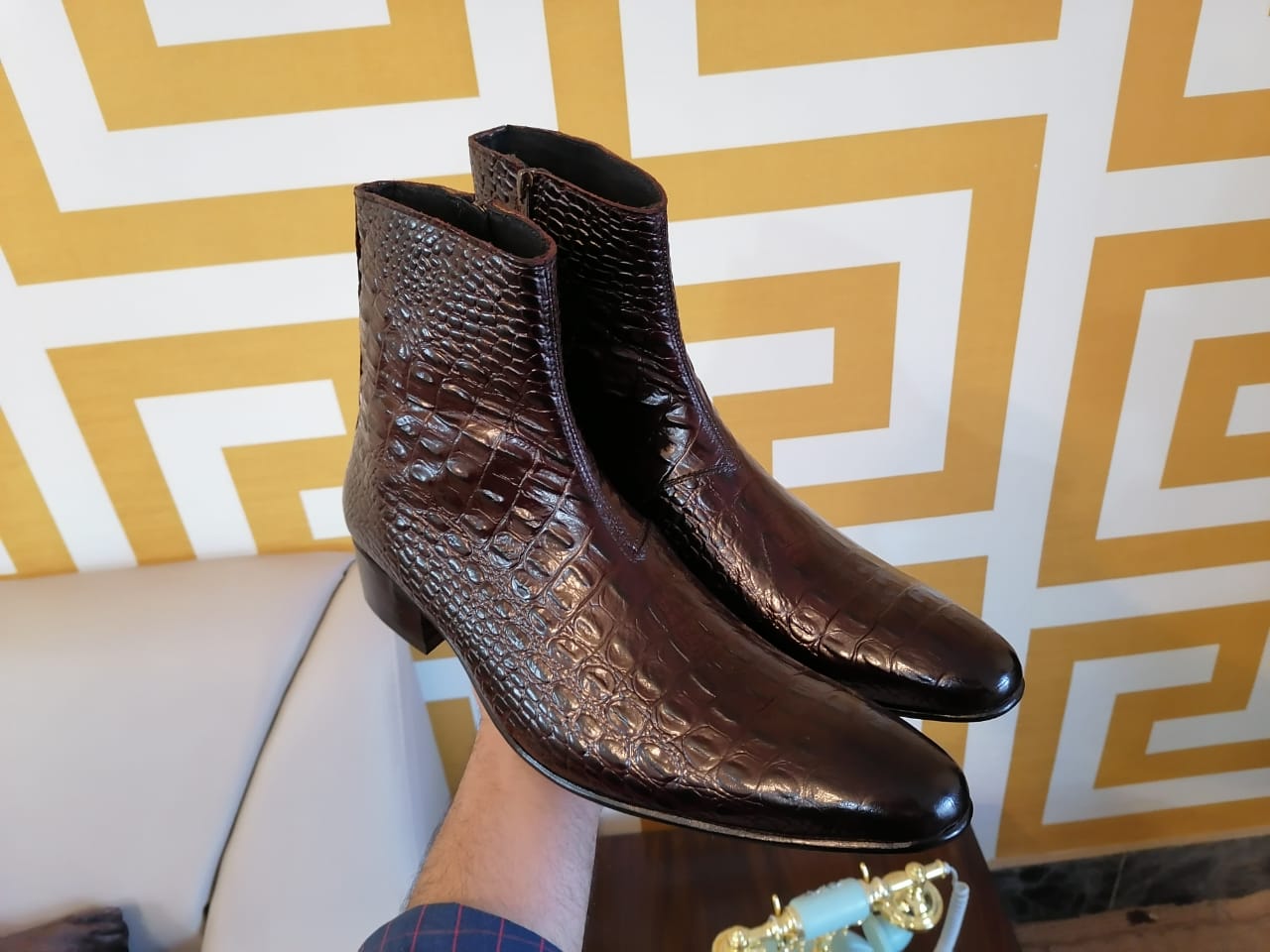 Handmade Men classic Alligators boots, Men brown side zipper crocodile boot