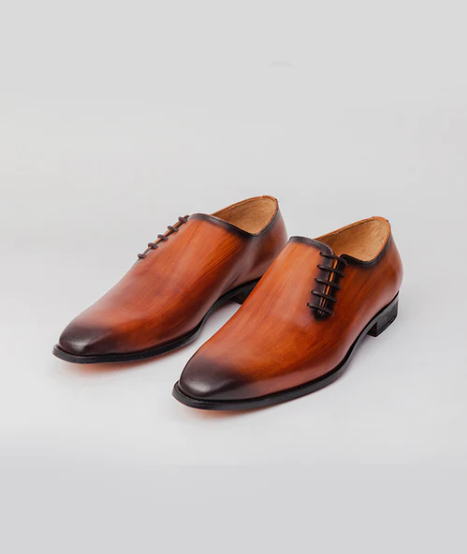 Handmade Men Cognac Lateral Lacing Whole Cut Oxford Shoes, Dress Shoes