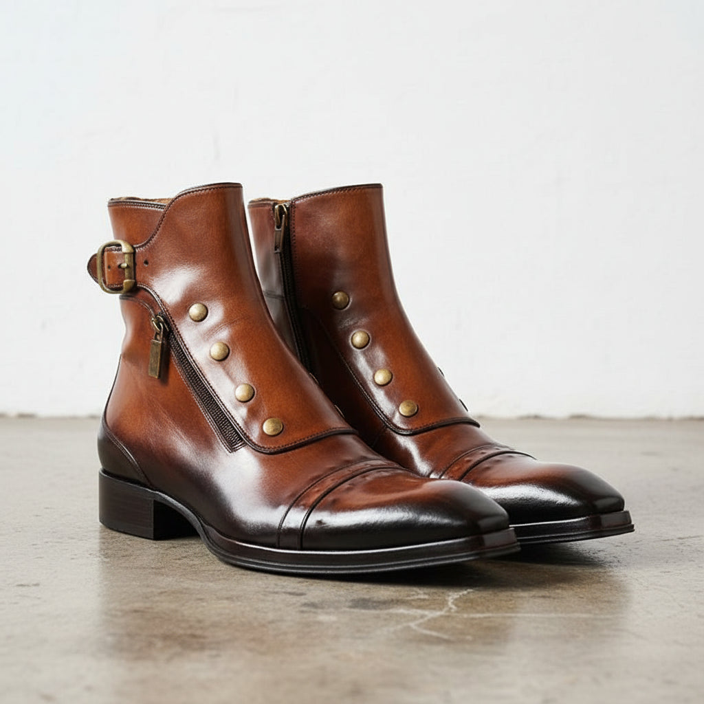 Handmade Men Dark Brown Side Button Zipper High Ankle Strap Leather Boots - angle-view-showing-depth