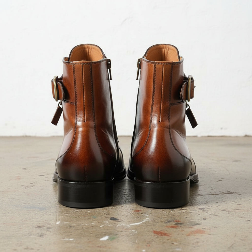 Handmade Men Dark Brown Side Button Zipper High Ankle Strap Leather Boots - back-view