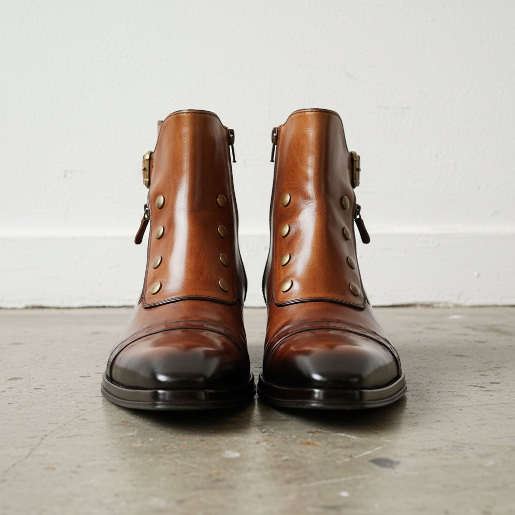Handmade Men Dark Brown Side Button Zipper High Ankle Strap Leather Boots - front-view