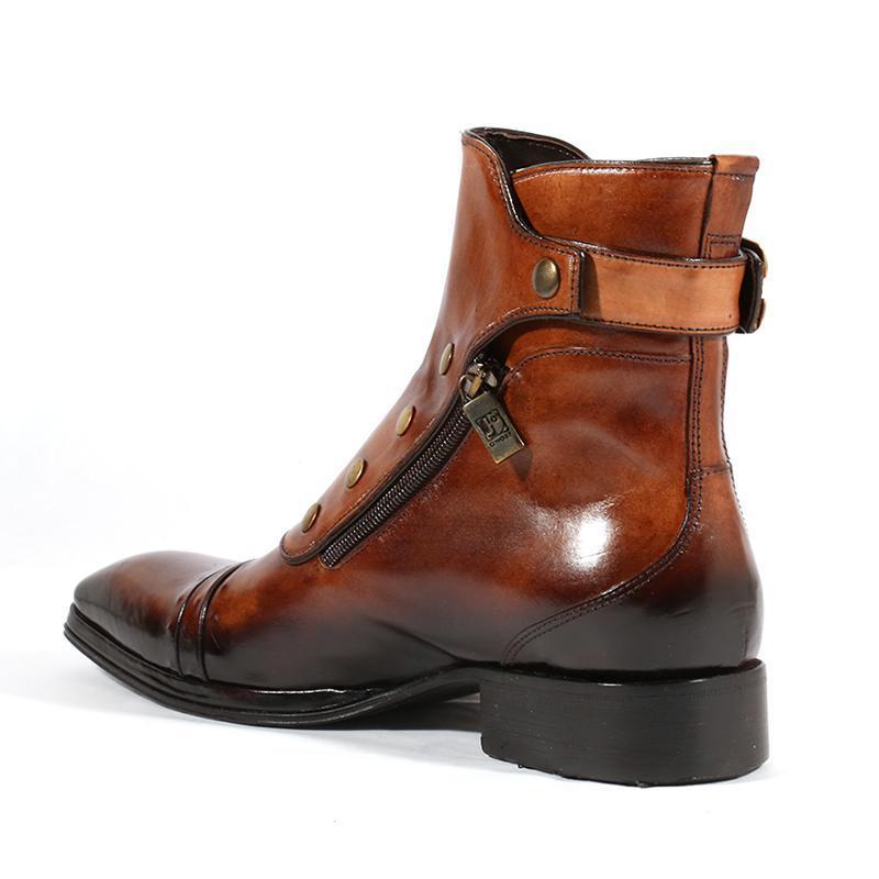 Handmade Men Dark Brown Side Button Zipper High Ankle Strap Leather Boots