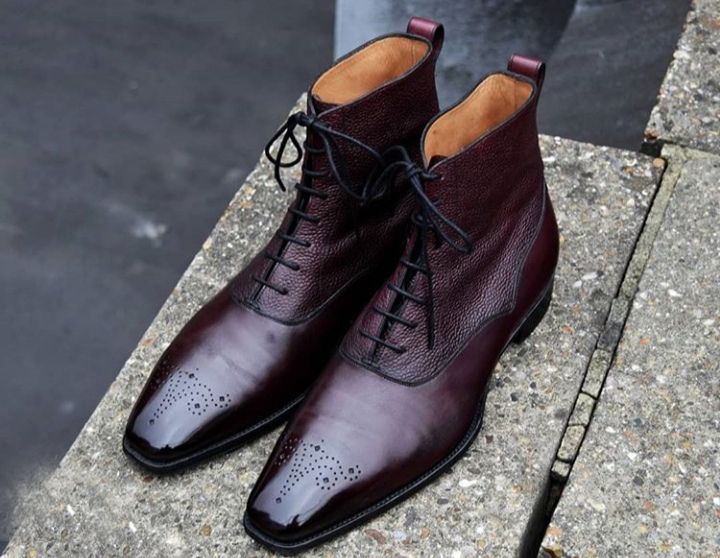 Handmade Men Dark Burgundy Casual Ankle High Brogue Boots, Ankle Boots